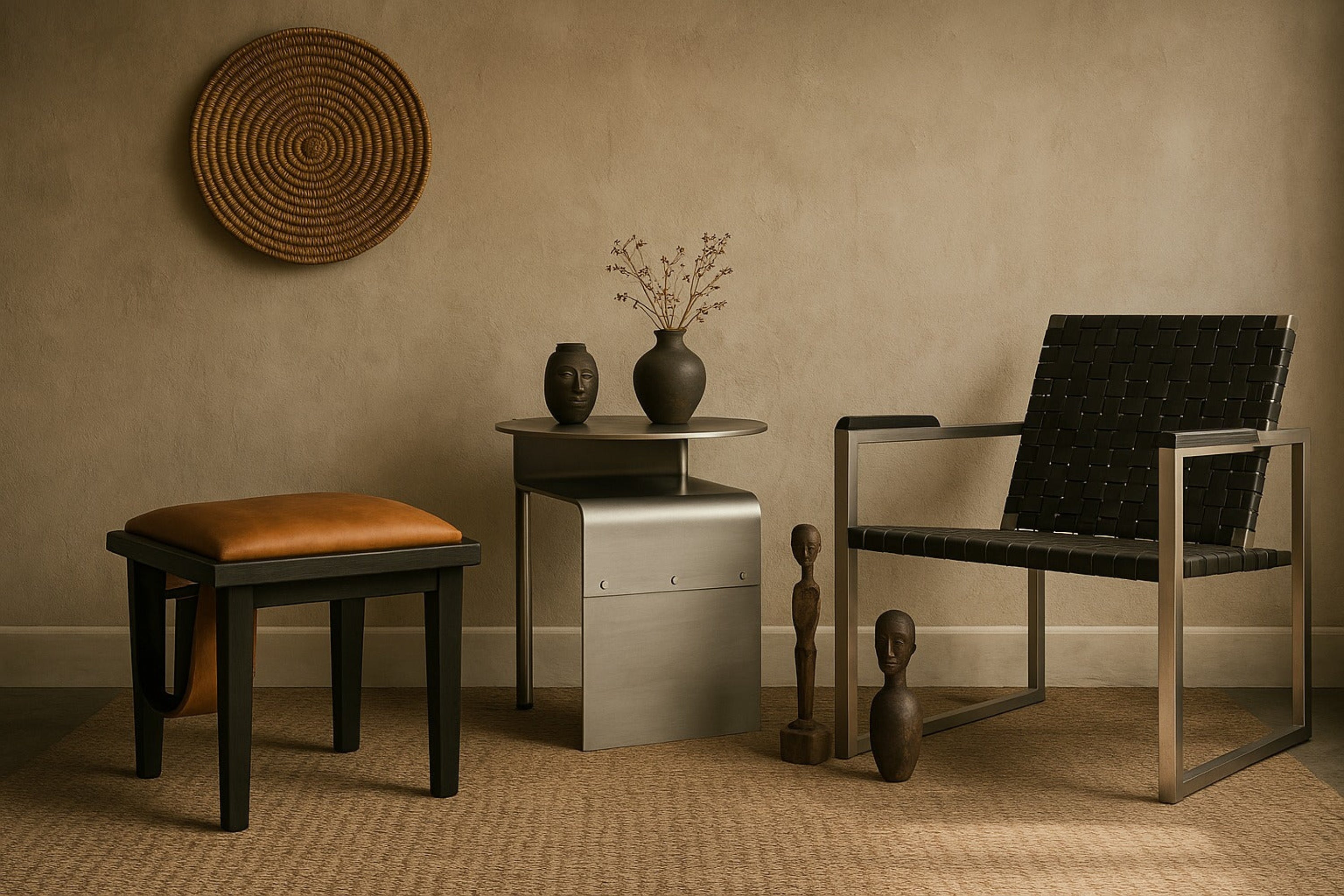 Modern interior with a chair, stool, and small table against a beige wall.